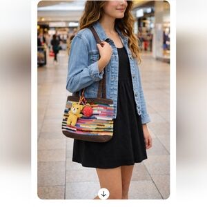 Handmade Crochet Shoulder Bag with Bear and Strawberry Charm